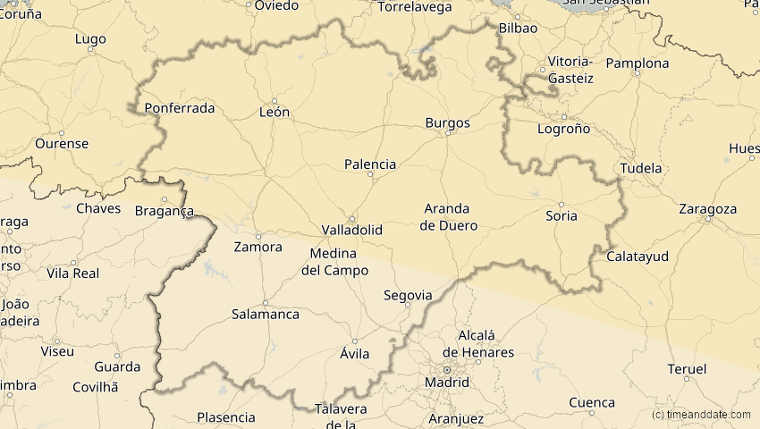 A map of Kastilien und León, Spanien, showing the path of the 11. Jun 2048 Ringförmige Sonnenfinsternis
