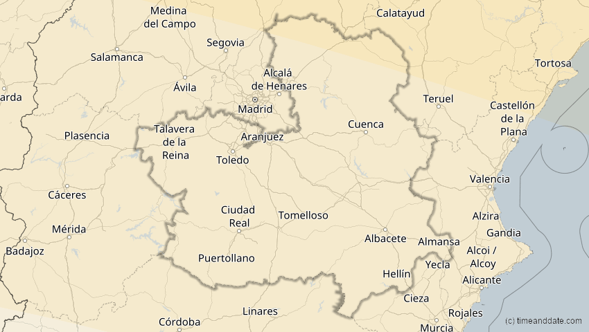 A map of Kastilien-La Mancha, Spanien, showing the path of the 11. Jun 2048 Ringförmige Sonnenfinsternis