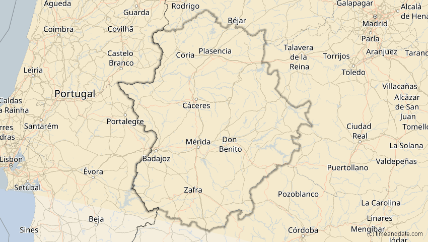 A map of Extremadura, Spanien, showing the path of the 11. Jun 2048 Ringförmige Sonnenfinsternis