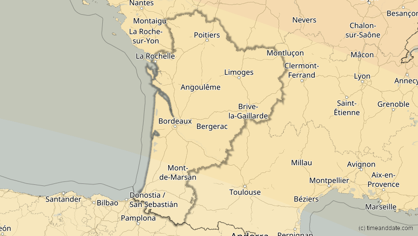 A map of Nouvelle-Aquitaine, Frankreich, showing the path of the 11. Jun 2048 Ringförmige Sonnenfinsternis