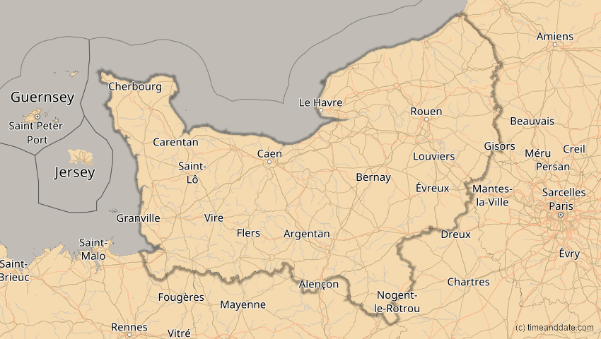 A map of Normandie, Frankreich, showing the path of the 11. Jun 2048 Ringförmige Sonnenfinsternis