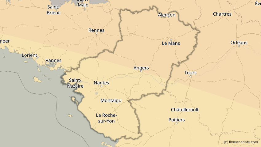 A map of Pays de la Loire, Frankreich, showing the path of the 11. Jun 2048 Ringförmige Sonnenfinsternis