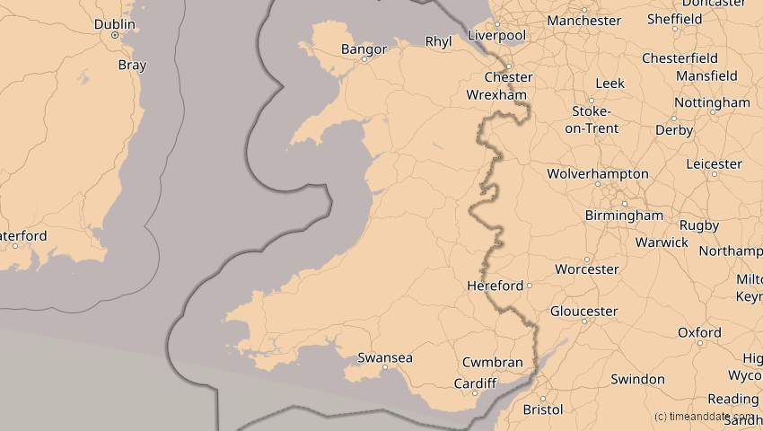 A map of Wales, Großbritannien, showing the path of the 11. Jun 2048 Ringförmige Sonnenfinsternis