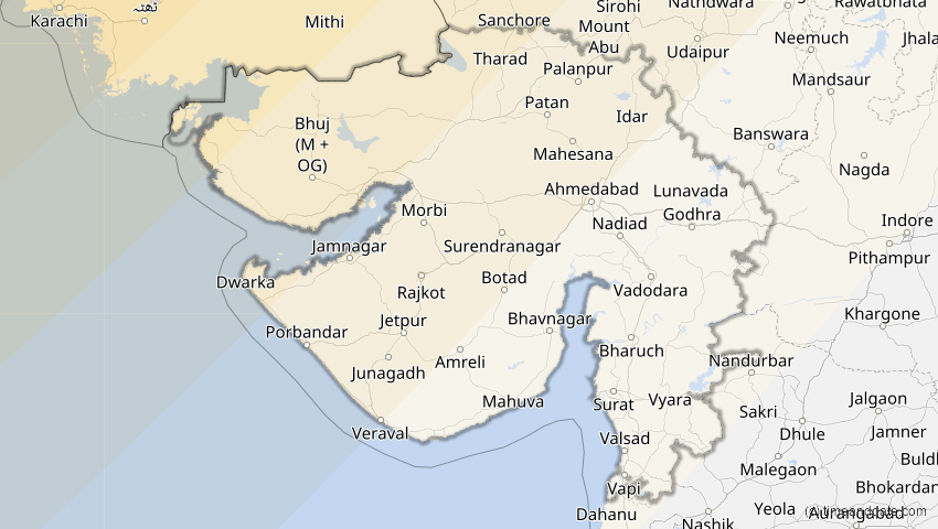 A map of Gujarat, Indien, showing the path of the 11. Jun 2048 Ringförmige Sonnenfinsternis