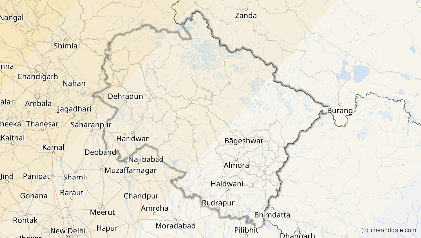 A map of Uttarakhand, Indien, showing the path of the 11. Jun 2048 Ringförmige Sonnenfinsternis