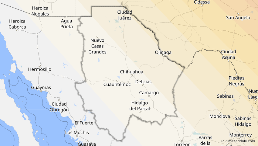 A map of Chihuahua, Mexiko, showing the path of the 11. Jun 2048 Ringförmige Sonnenfinsternis