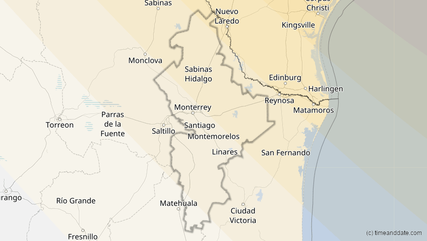 A map of Nuevo León, Mexiko, showing the path of the 11. Jun 2048 Ringförmige Sonnenfinsternis