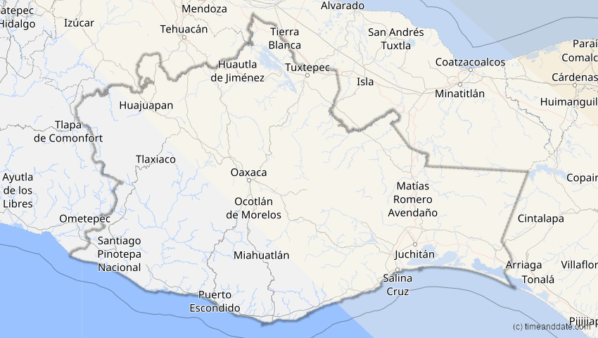 A map of Oaxaca, Mexiko, showing the path of the 11. Jun 2048 Ringförmige Sonnenfinsternis