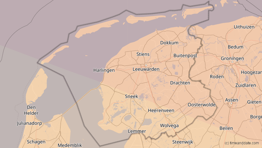 A map of Friesland, Niederlande, showing the path of the 11. Jun 2048 Ringförmige Sonnenfinsternis