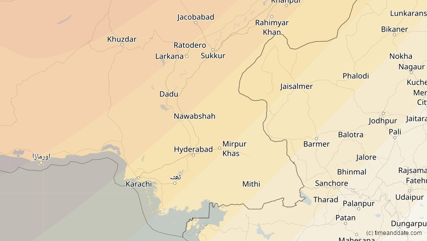 A map of Sindh, Pakistan, showing the path of the 11. Jun 2048 Ringförmige Sonnenfinsternis