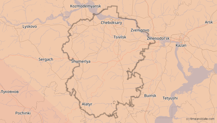 A map of Tschuwaschien, Russland, showing the path of the 11. Jun 2048 Ringförmige Sonnenfinsternis