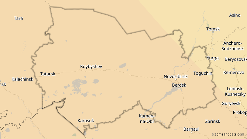 A map of Nowosibirsk, Russland, showing the path of the 11. Jun 2048 Ringförmige Sonnenfinsternis