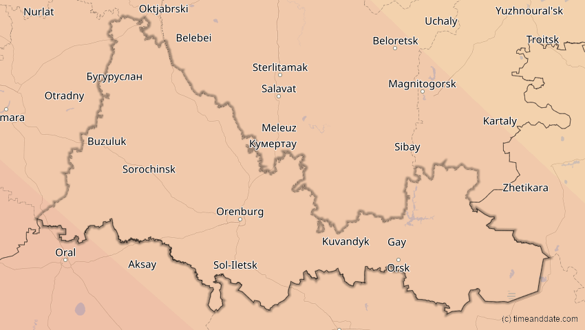A map of Orenburg, Russland, showing the path of the 11. Jun 2048 Ringförmige Sonnenfinsternis
