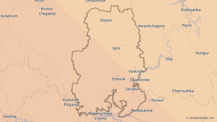 A map of Udmurtien, Russland, showing the path of the 11. Jun 2048 Ringförmige Sonnenfinsternis
