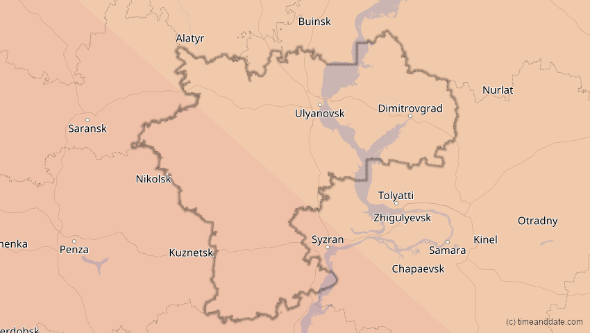 A map of Uljanowsk, Russland, showing the path of the 11. Jun 2048 Ringförmige Sonnenfinsternis