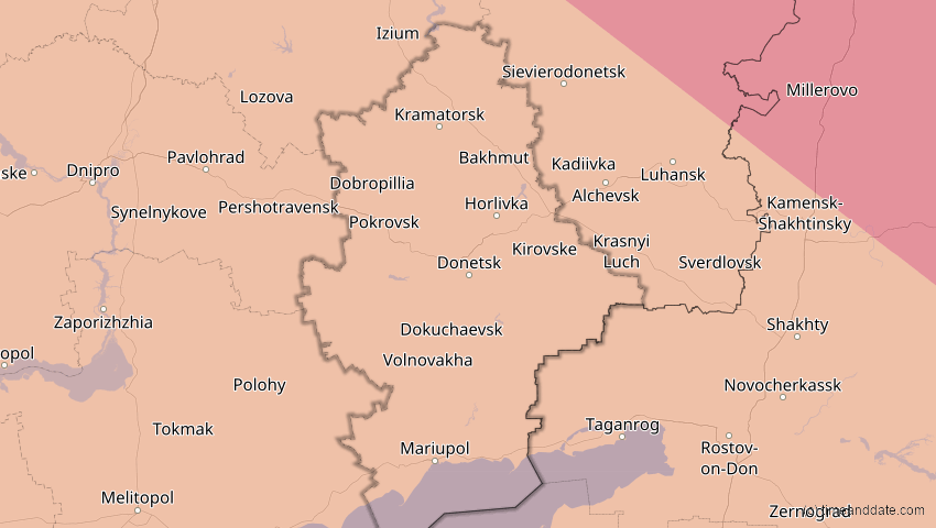 A map of Donezk, Ukraine, showing the path of the 11. Jun 2048 Ringförmige Sonnenfinsternis