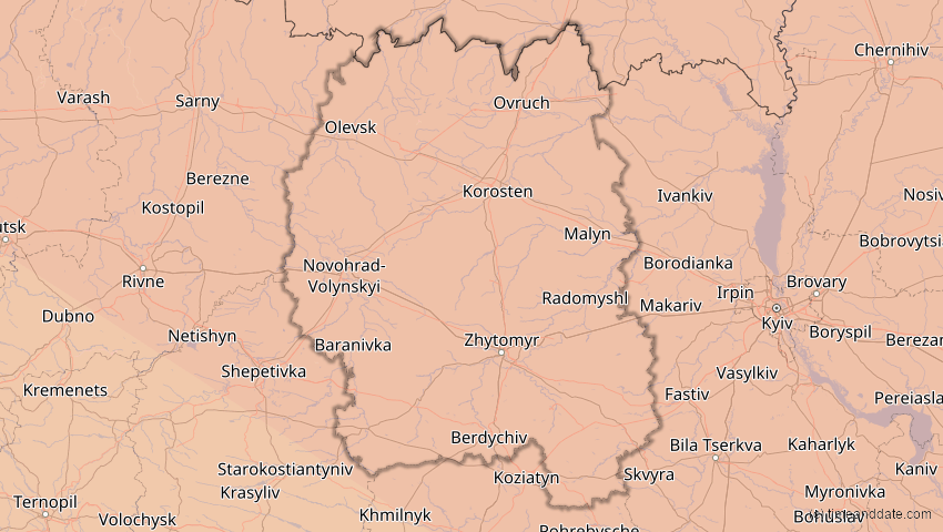 A map of Schytomyr, Ukraine, showing the path of the 11. Jun 2048 Ringförmige Sonnenfinsternis