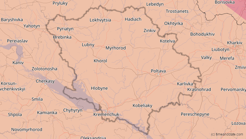 A map of Poltawa, Ukraine, showing the path of the 11. Jun 2048 Ringförmige Sonnenfinsternis