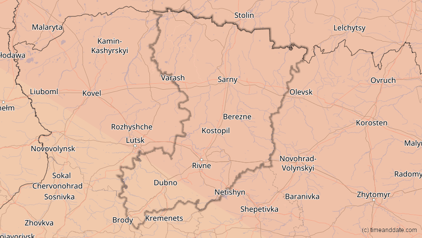 A map of Riwne, Ukraine, showing the path of the 11. Jun 2048 Ringförmige Sonnenfinsternis