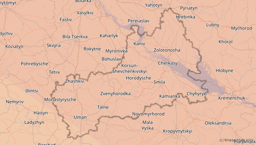 A map of Tscherkassy, Ukraine, showing the path of the 11. Jun 2048 Ringförmige Sonnenfinsternis