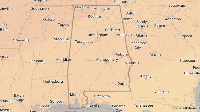 A map of Alabama, USA, showing the path of the 11. Jun 2048 Ringförmige Sonnenfinsternis