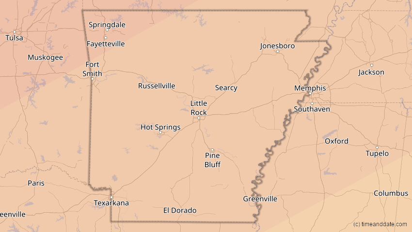 A map of Arkansas, USA, showing the path of the 11. Jun 2048 Ringförmige Sonnenfinsternis