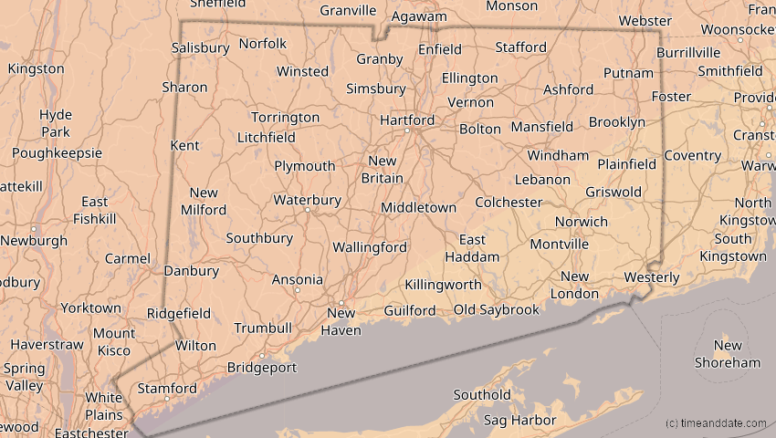 A map of Connecticut, USA, showing the path of the 11. Jun 2048 Ringförmige Sonnenfinsternis