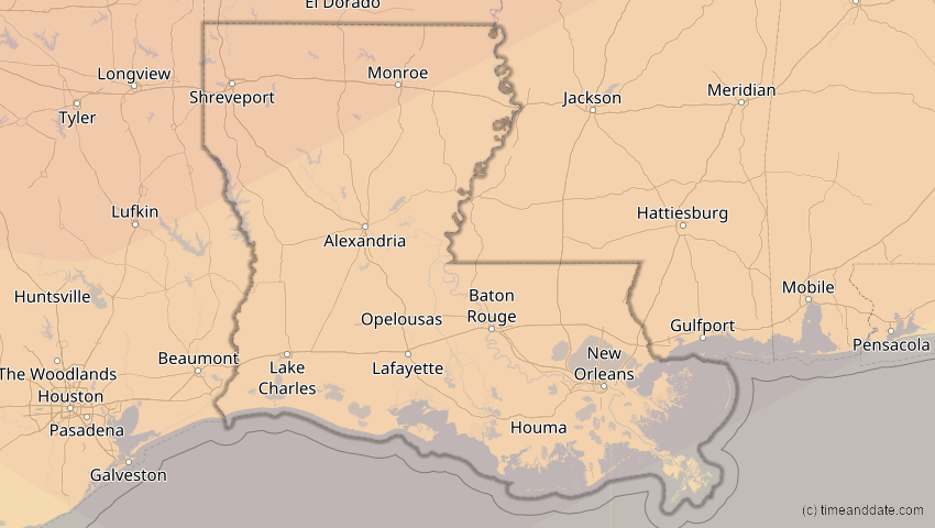 A map of Louisiana, USA, showing the path of the 11. Jun 2048 Ringförmige Sonnenfinsternis