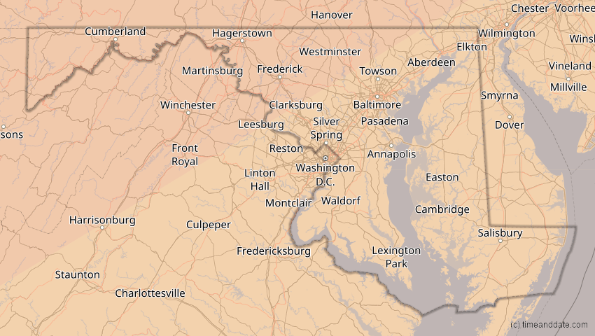 A map of Maryland, USA, showing the path of the 11. Jun 2048 Ringförmige Sonnenfinsternis