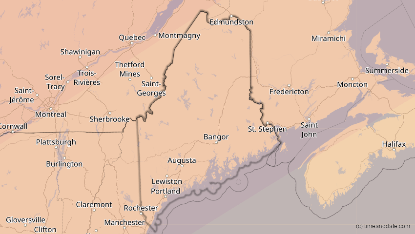 A map of Maine, USA, showing the path of the 11. Jun 2048 Ringförmige Sonnenfinsternis
