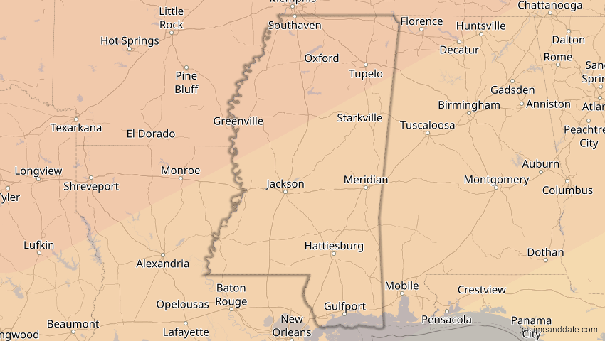 A map of Mississippi, USA, showing the path of the 11. Jun 2048 Ringförmige Sonnenfinsternis