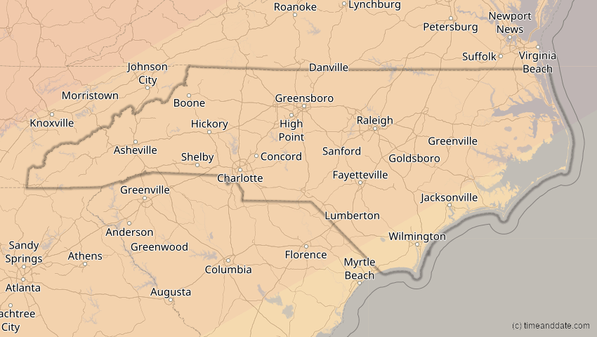 A map of North Carolina, USA, showing the path of the 11. Jun 2048 Ringförmige Sonnenfinsternis
