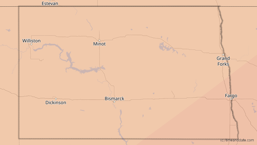 A map of North Dakota, USA, showing the path of the 11. Jun 2048 Ringförmige Sonnenfinsternis