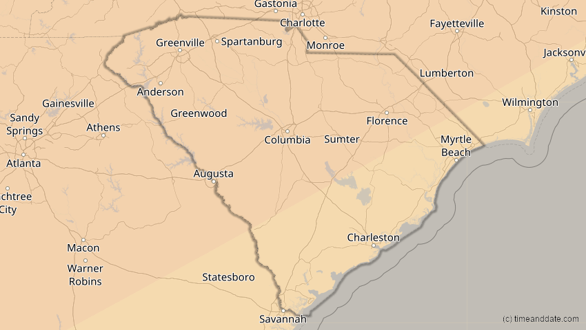 A map of South Carolina, USA, showing the path of the 11. Jun 2048 Ringförmige Sonnenfinsternis
