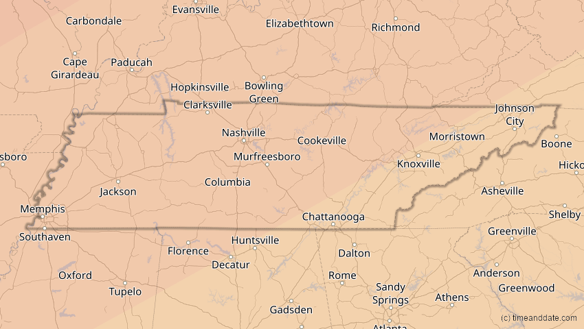 A map of Tennessee, USA, showing the path of the 11. Jun 2048 Ringförmige Sonnenfinsternis