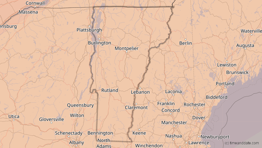 A map of Vermont, USA, showing the path of the 11. Jun 2048 Ringförmige Sonnenfinsternis