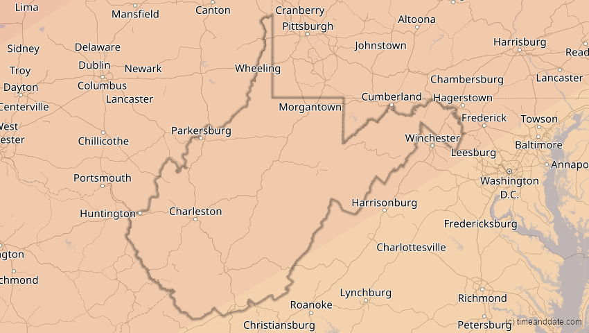 A map of West Virginia, USA, showing the path of the 11. Jun 2048 Ringförmige Sonnenfinsternis