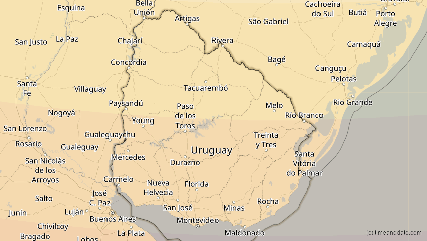 A map of Uruguay, showing the path of the 5. Dez 2048 Totale Sonnenfinsternis