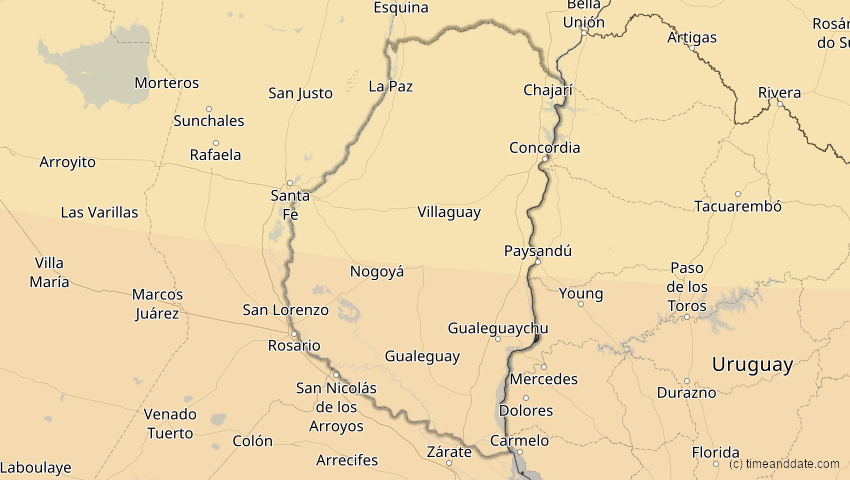A map of Entre Ríos, Argentinien, showing the path of the 5. Dez 2048 Totale Sonnenfinsternis