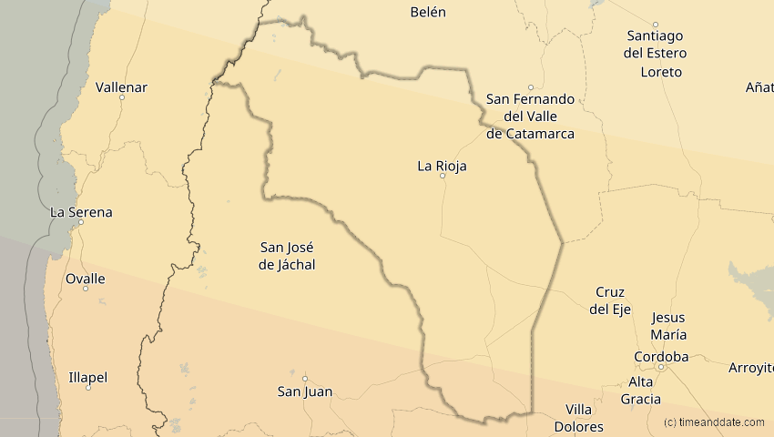 A map of Rioja, Argentinien, showing the path of the 5. Dez 2048 Totale Sonnenfinsternis