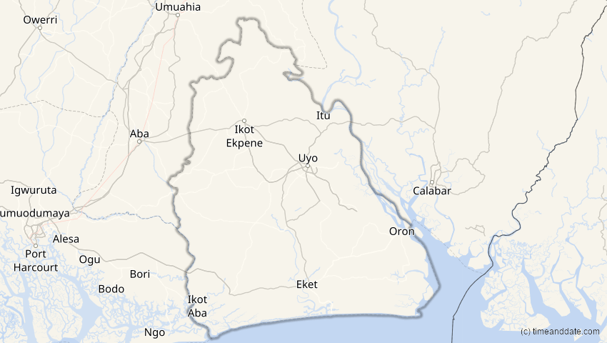 A map of Akwa Ibom, Nigeria, showing the path of the 5. Dez 2048 Totale Sonnenfinsternis