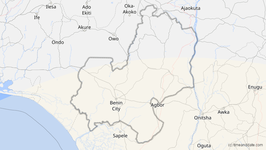A map of Edo, Nigeria, showing the path of the 5. Dez 2048 Totale Sonnenfinsternis