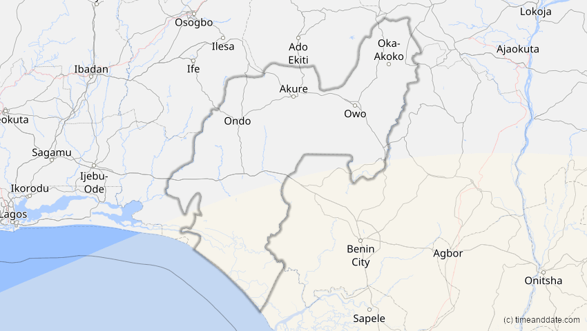 A map of Ondo, Nigeria, showing the path of the 5. Dez 2048 Totale Sonnenfinsternis