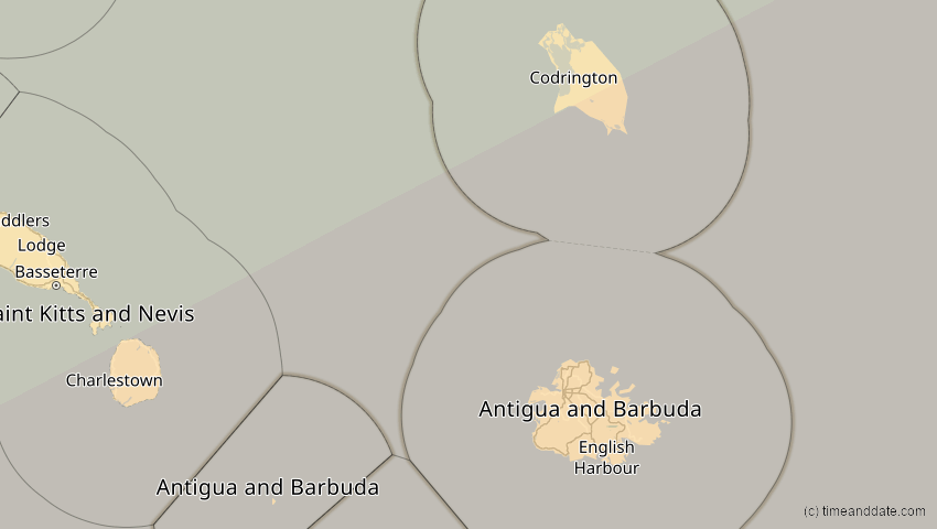 A map of Antigua und Barbuda, showing the path of the 31. Mai 2049 Ringförmige Sonnenfinsternis