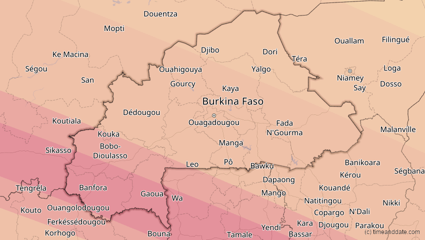 A map of Burkina Faso, showing the path of the 31. Mai 2049 Ringförmige Sonnenfinsternis
