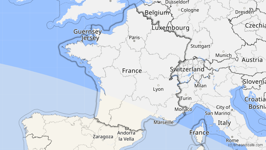 A map of Frankreich, showing the path of the 31. Mai 2049 Ringförmige Sonnenfinsternis