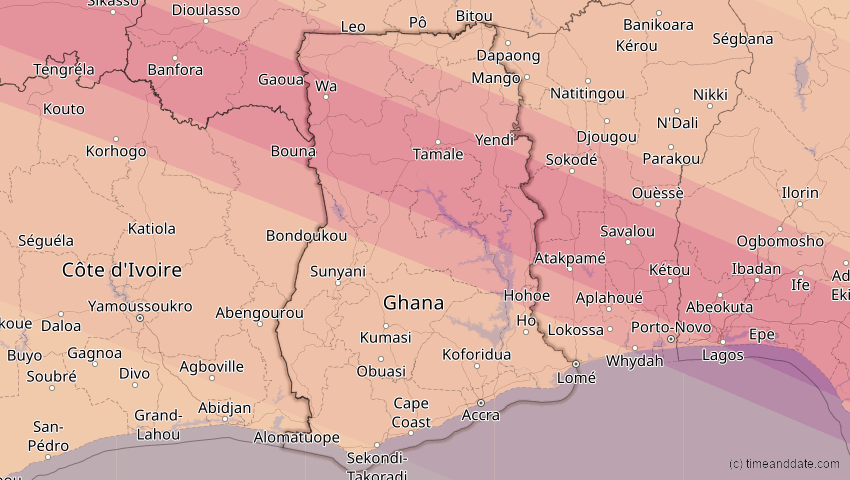 A map of Ghana, showing the path of the 31. Mai 2049 Ringförmige Sonnenfinsternis
