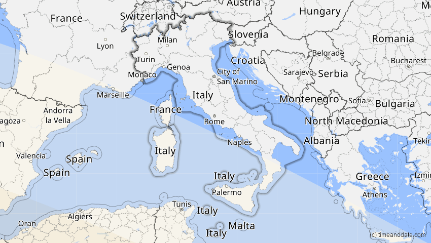 A map of Italien, showing the path of the 31. Mai 2049 Ringförmige Sonnenfinsternis