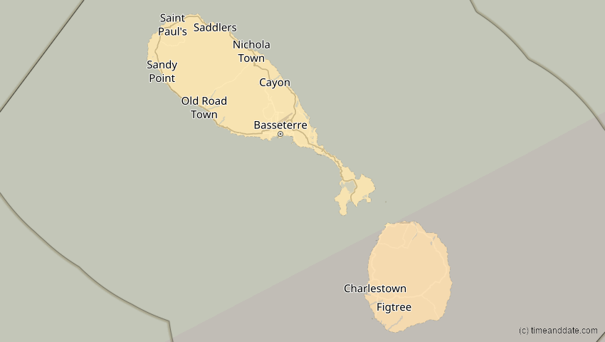A map of St. Kitts und Nevis, showing the path of the 31. Mai 2049 Ringförmige Sonnenfinsternis