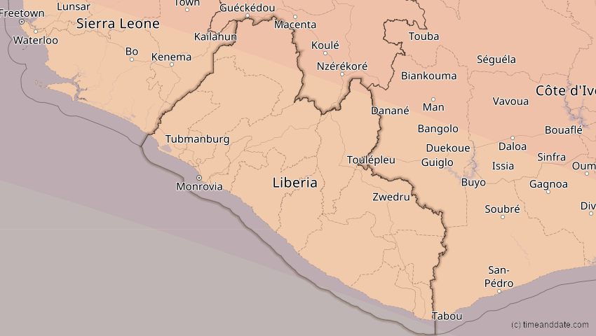 A map of Liberia, showing the path of the 31. Mai 2049 Ringförmige Sonnenfinsternis